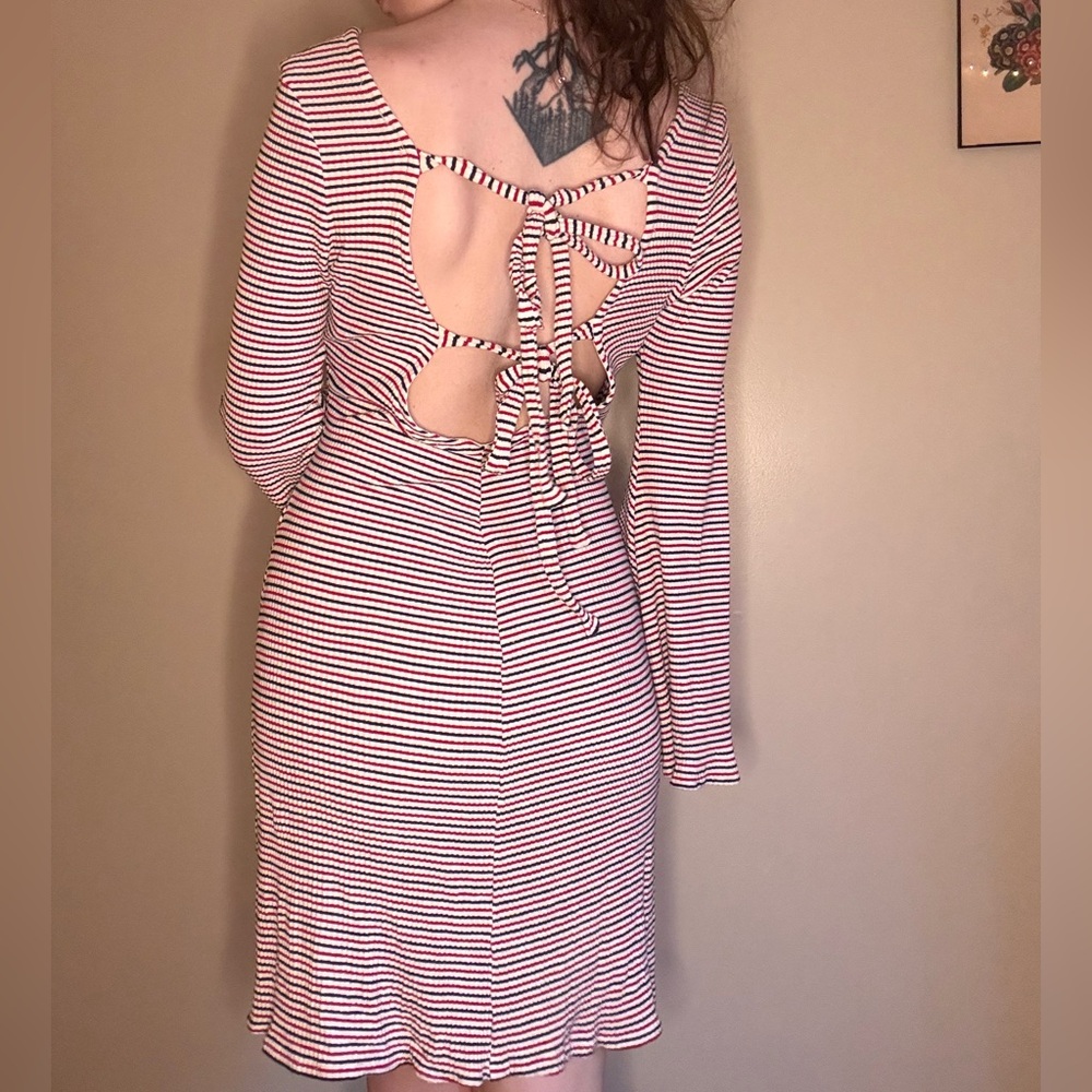Striped Bell-Sleeve Knit Dress in Red and White - Picture 2 of 5